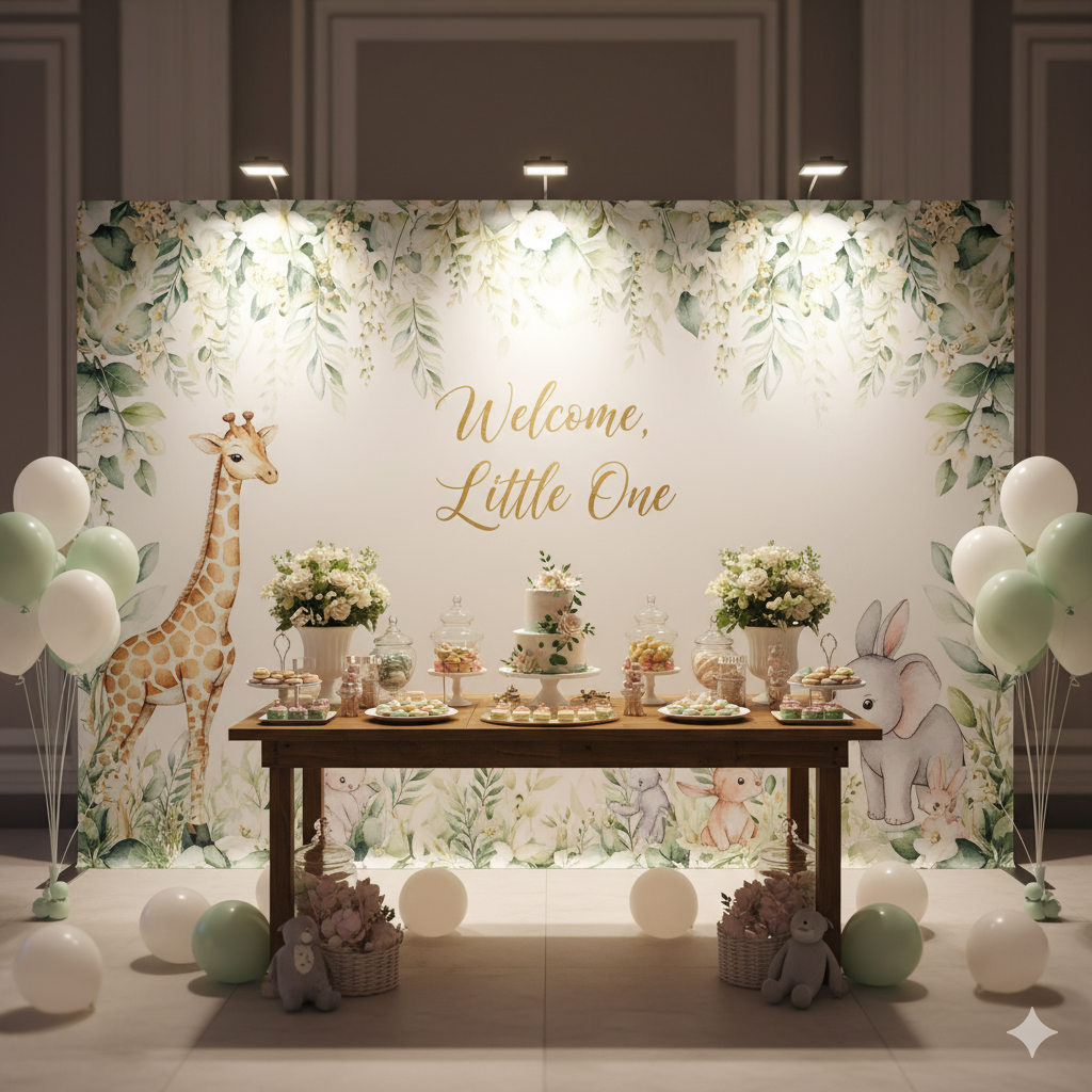 Cenário decorativo para um evento com painel adesivado.