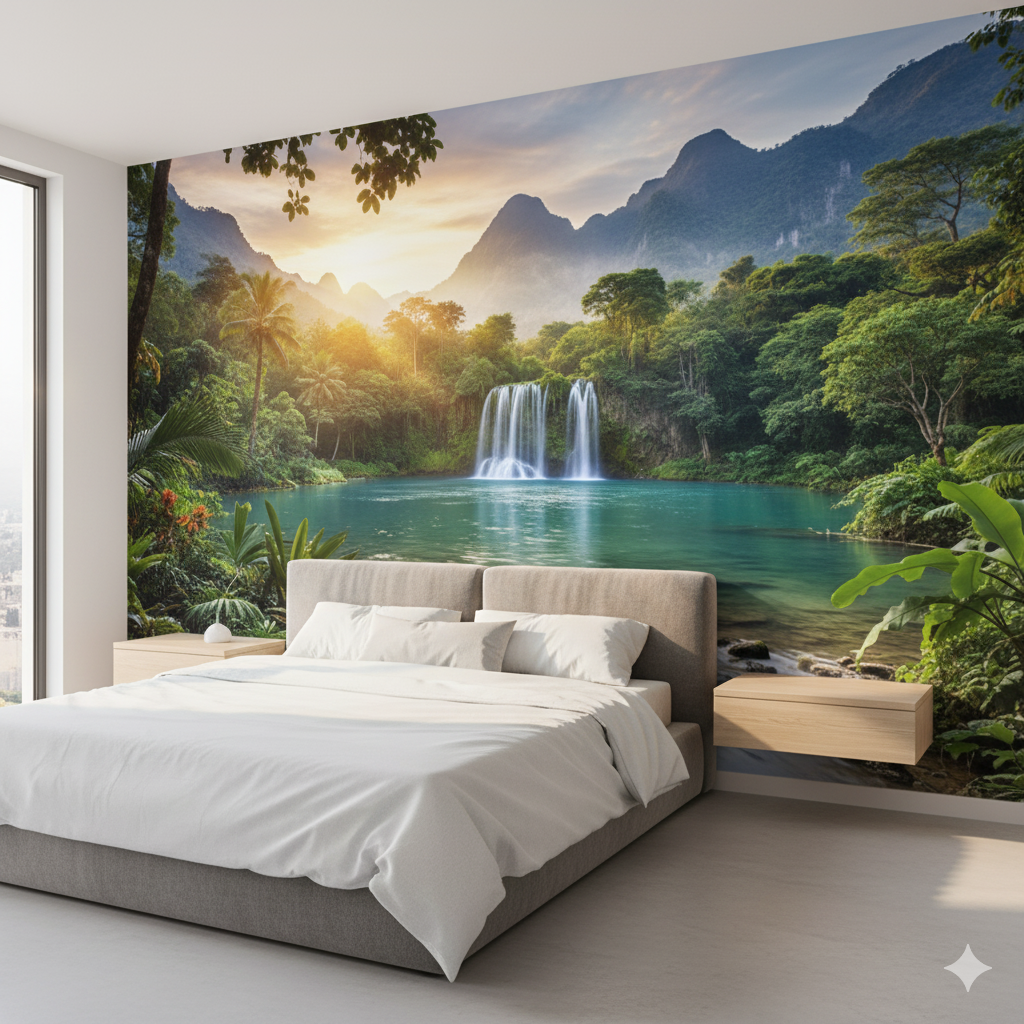 Painel fotográfico grande com uma paisagem, colado na parede de um quarto.