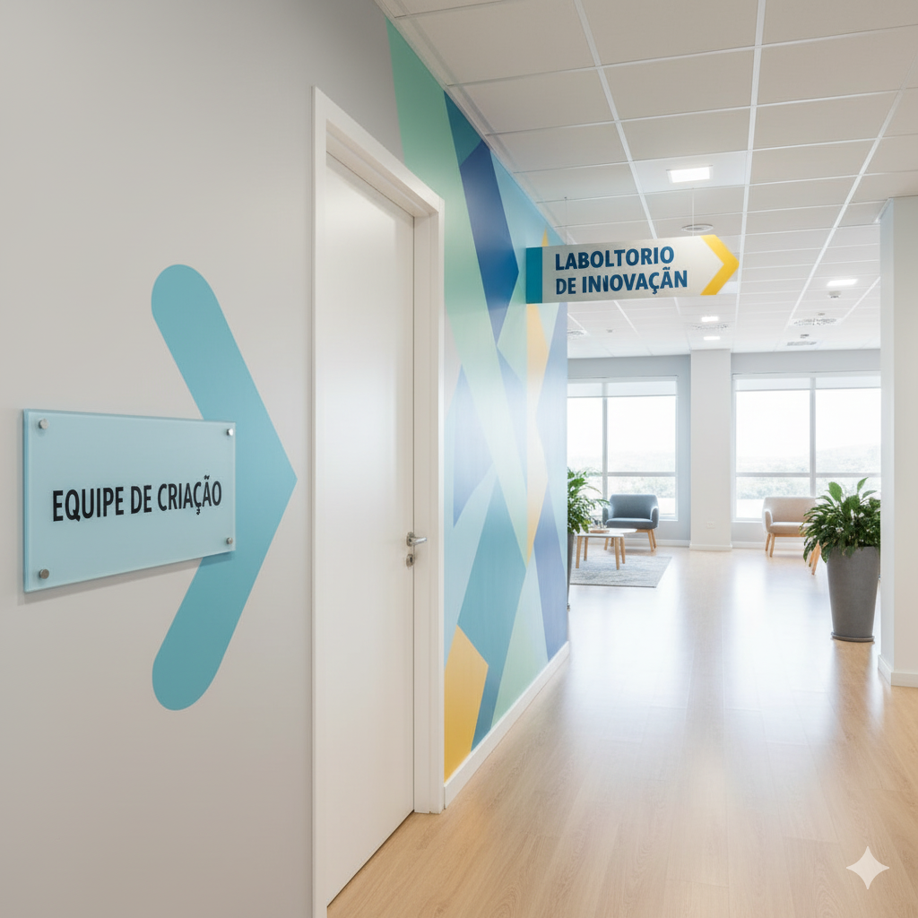 Sinalização interna criativa em um escritório moderno.